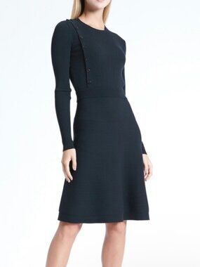 Banana Republic Navy Blue Long-Sleeve Ribbed Fit-and-Flare Dress Sz Large Petite